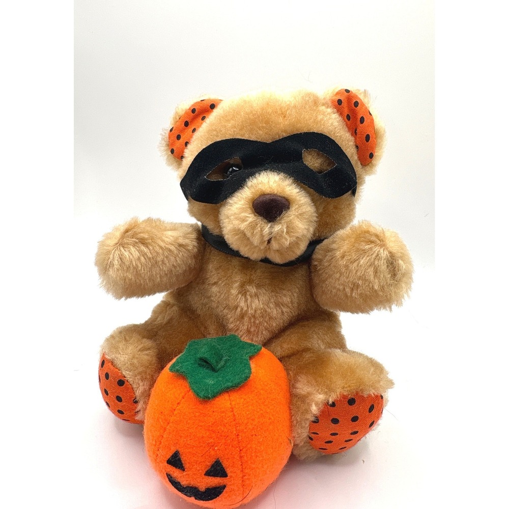Russ Berrie Halloween Pumpkin Teddy Bear Masked Plush 1527TR 6 Inch Vintage